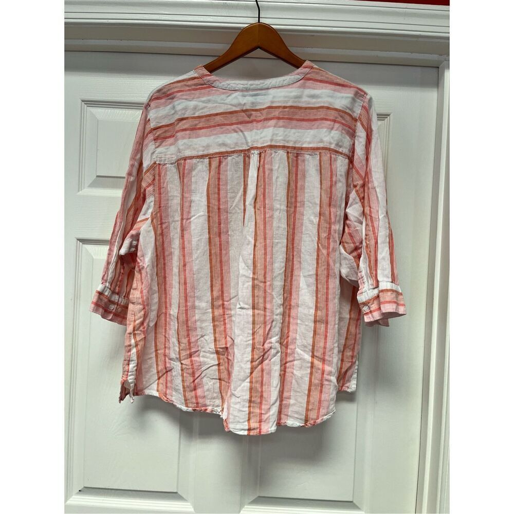 Lane Bryant Linen Peach Pink & White Stripe Embroidered Button Down Collarless S - Picture 5 of 6